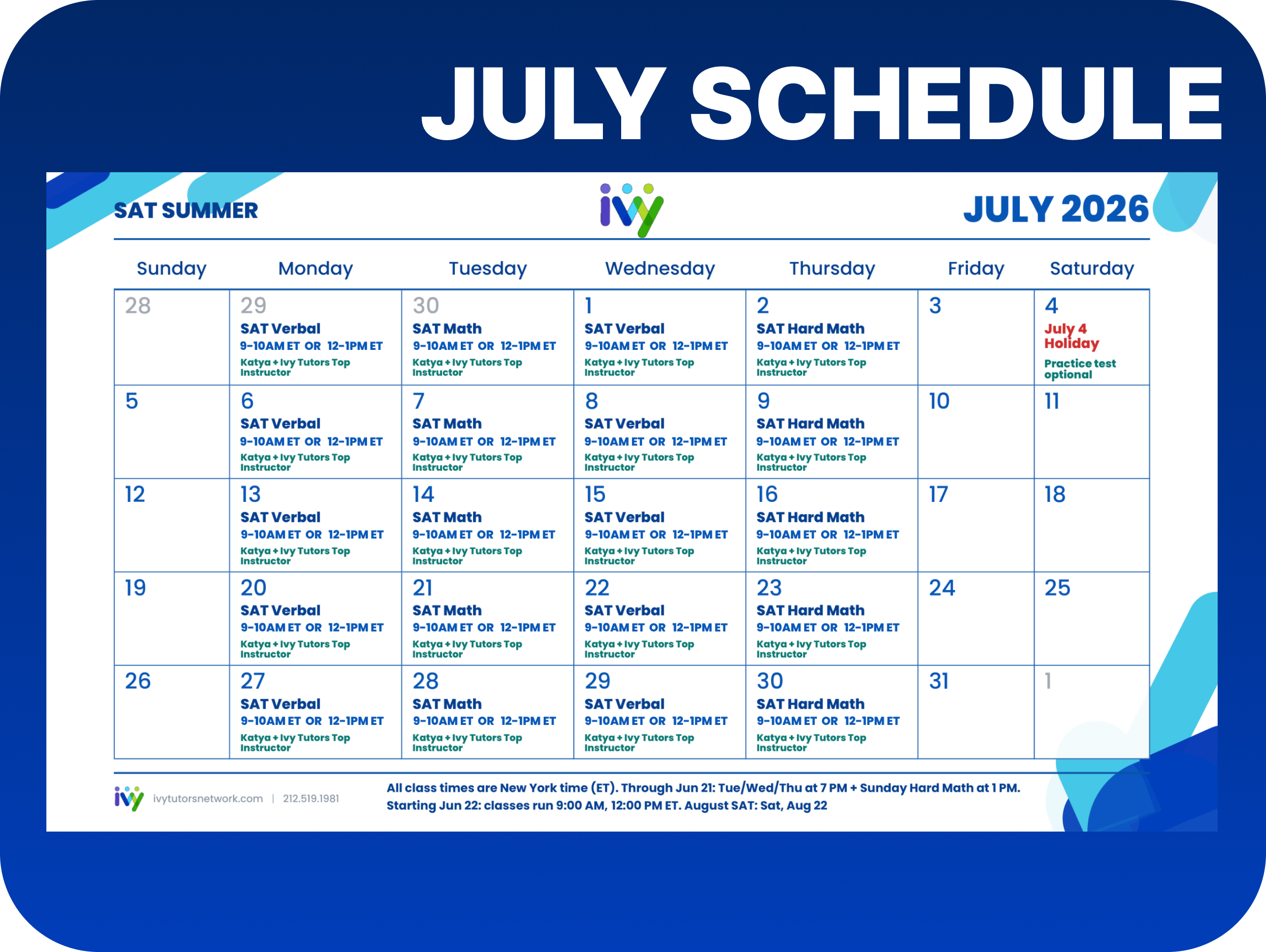 July SAT Boost Schedule